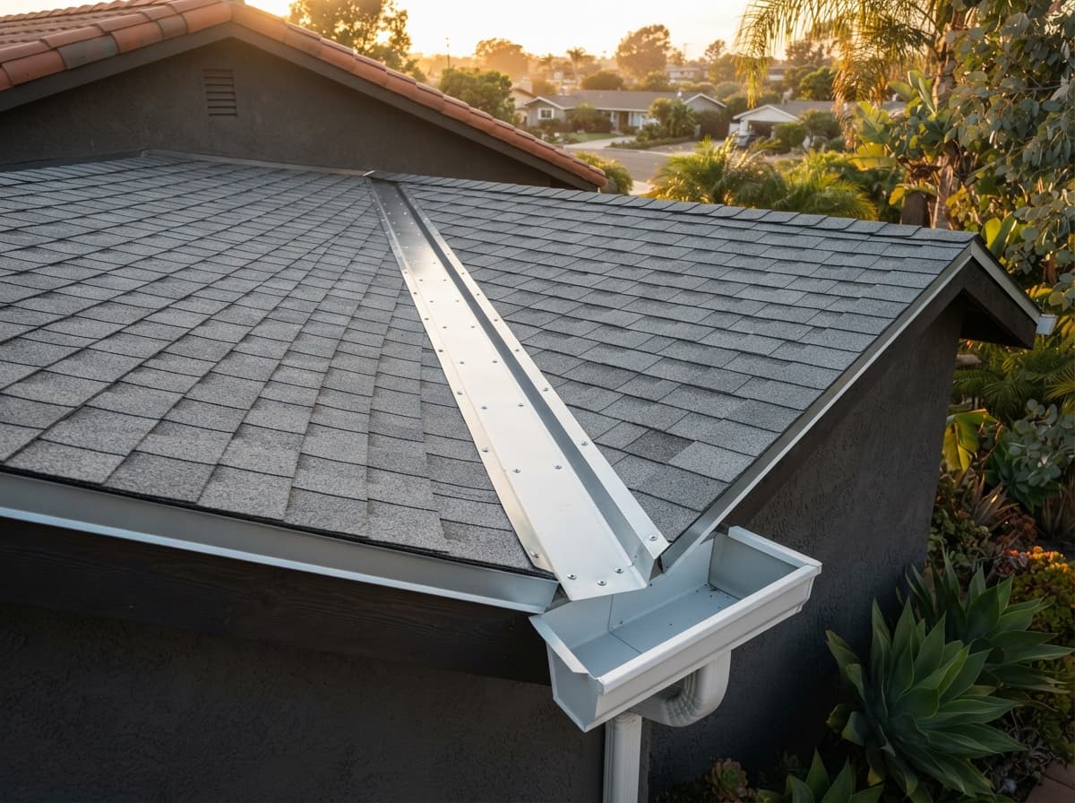 Clean roof valley with new metal flashing and gutter