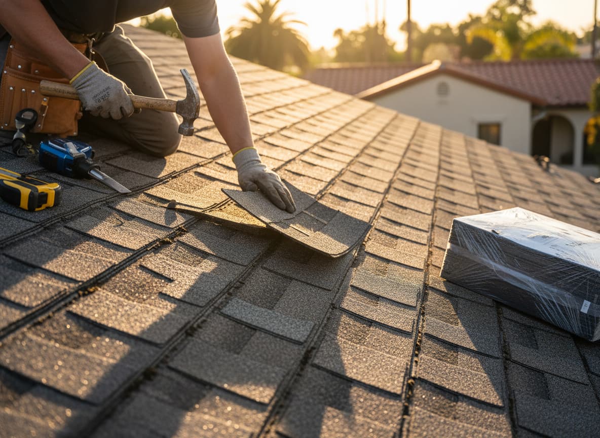 Roofer replacing architectural shingles in golden-hour light